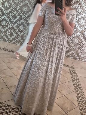 Aidan Mattox Silver Off-Shoulder Maxi Dress